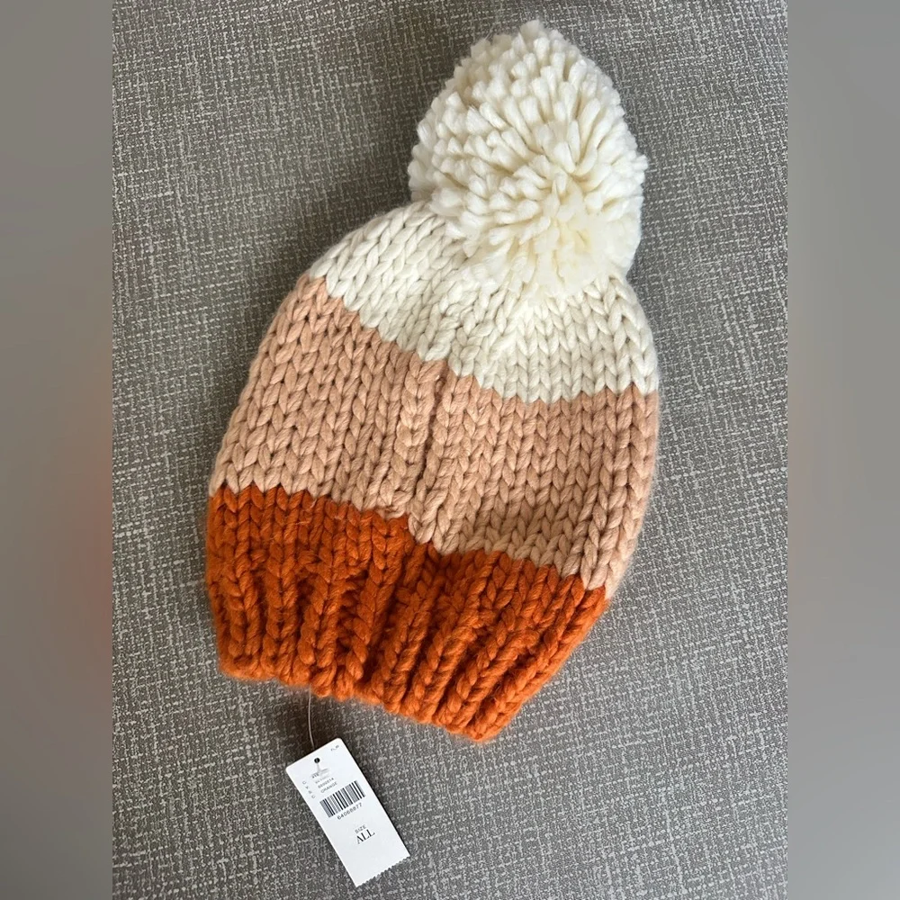 Anthropologie Colorblock Pom Beanie Orange Tan Cream Chunky Knit New with‎ Tags!